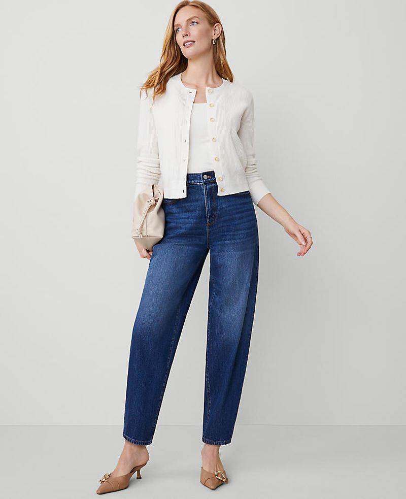 Barrel-Leg or Tapered Jeans + Slim Knit Top + Sculptural Mules