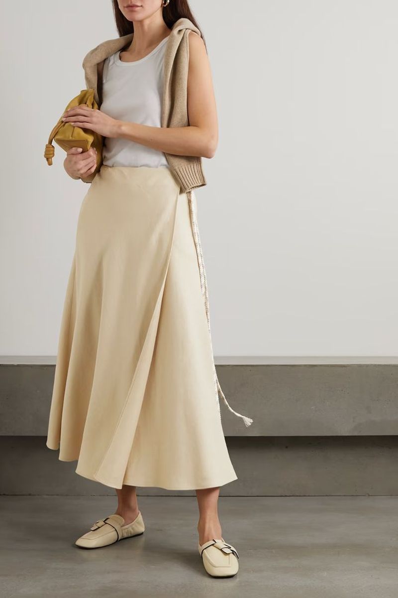 Linen Midi Skirt + Soft Loafers