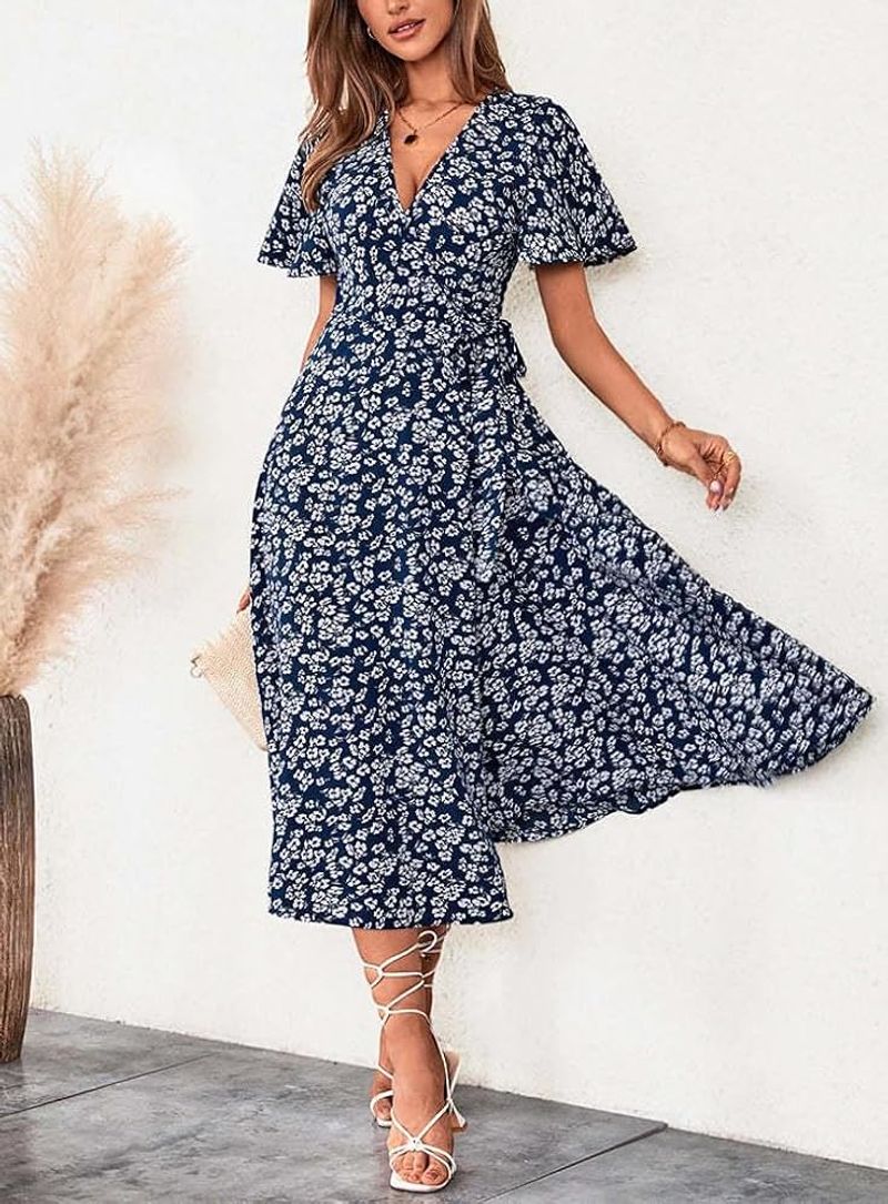 NILOUFO Wrap V Neck Midi Dress