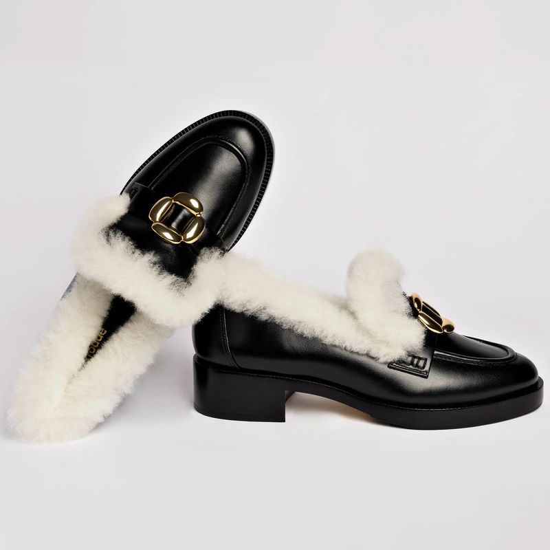 Larroude Bobbie Loafers in Black Leather & Shearling
