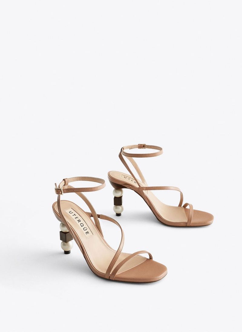 Uterque Strappy Sandals With Pearl and Wood Heels
