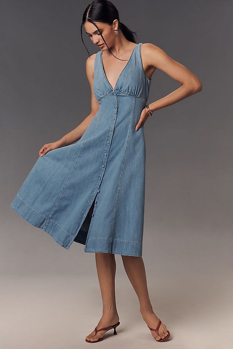 Reformation Sebastien Button Front Organic Cotton Denim Midi Dress