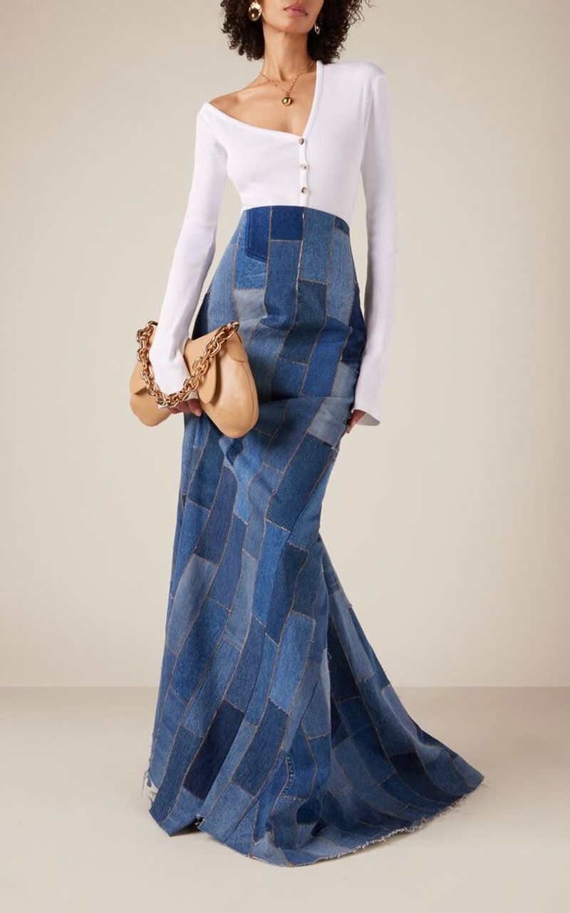 7. White Ribbed Top + Patchwork Denim Maxi Skirt + Sneakers