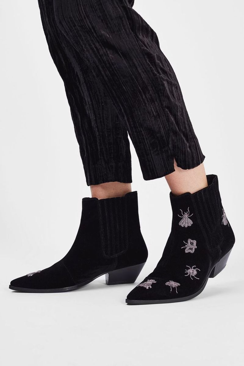 Suede Ankle Booties with Embroidery
